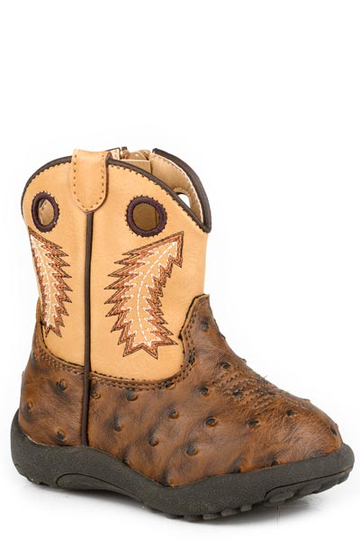 INFANTS BOYS BROWN FAUX OSTRICH VAMP