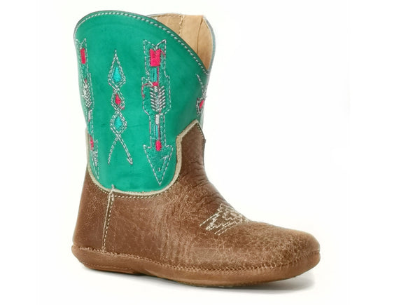 INFANT GIRLS TAN LEATHER VAMP WITH EMBROIDERED ARROW DESIGN ON TURQUOISE SHAFT