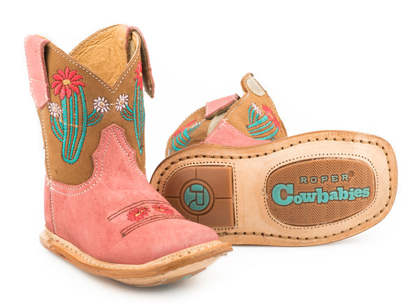 INFANT GIRLS PINK LEATHER VAMP AND BROWN UPPER WITH CACTUS EMBROIDERY