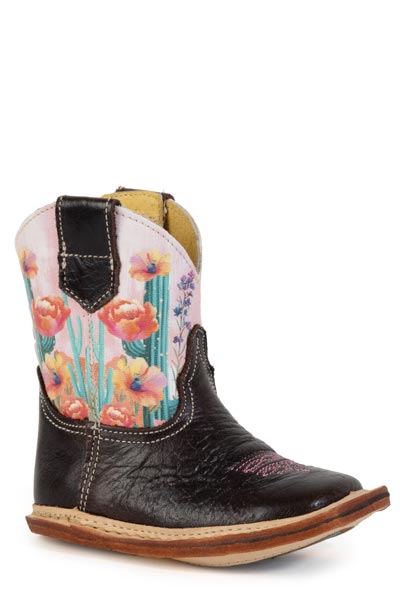 GIRLS ROPER MARBLED BROWN LEATHER VAMP COWBABIES CACTUS FLOWER BOOTS