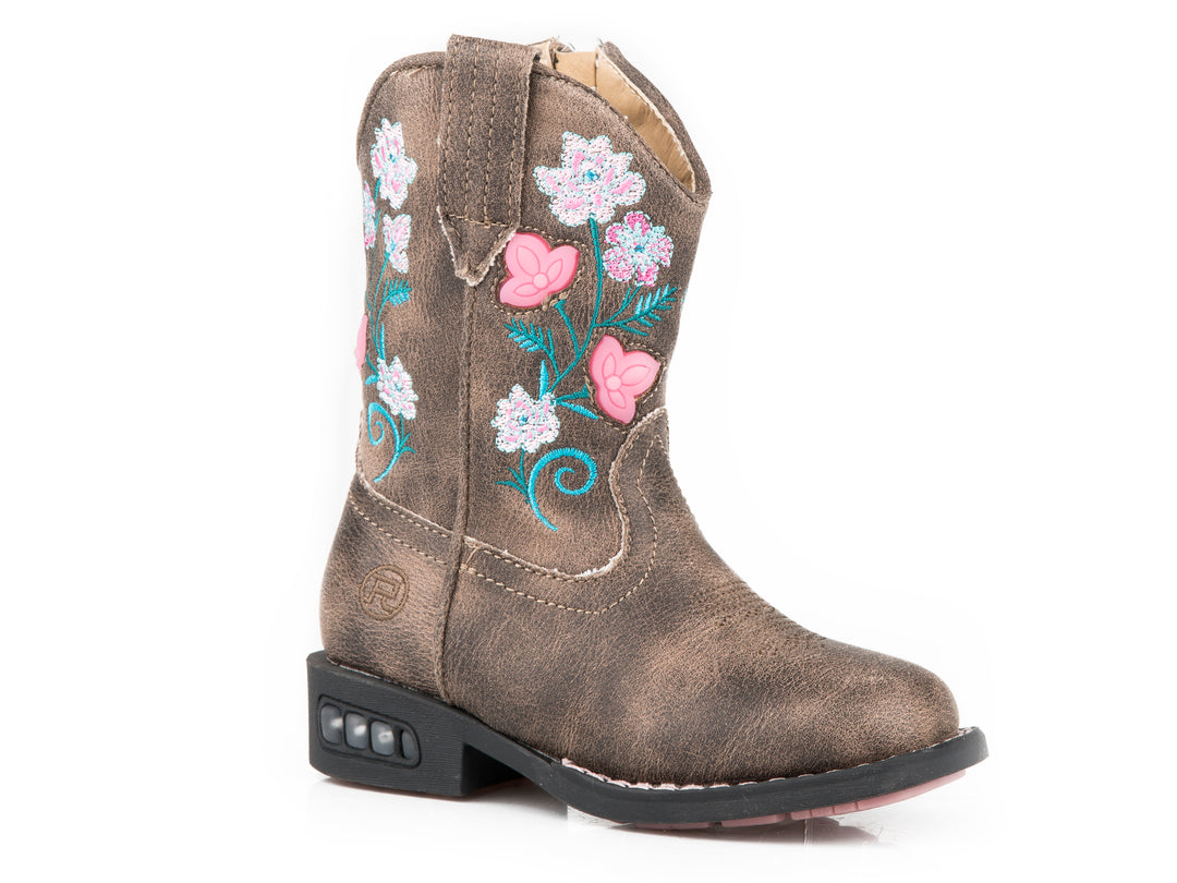 TODDLER GIRLS FLORAL LIGHT UP BOOTS BOOT WITH VINTAGE BROWN VAMP  SHAFT