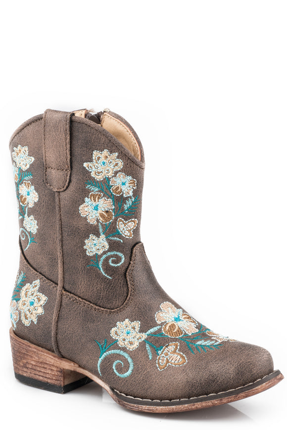 TODDLER GIRLS VINTAGE BROWN FAUX LEATHER BOOT WITH FLORAL EMBROIDERY VAMP  SHAFT