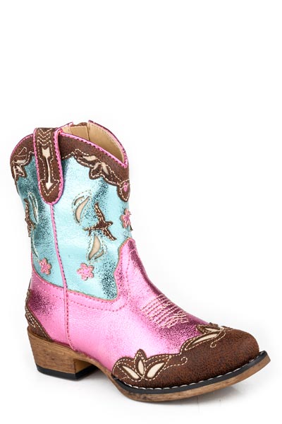 GIRLS ROPER BROWN WITH MULTI UNDERLAY DESIGN BIRDIE BOOTS