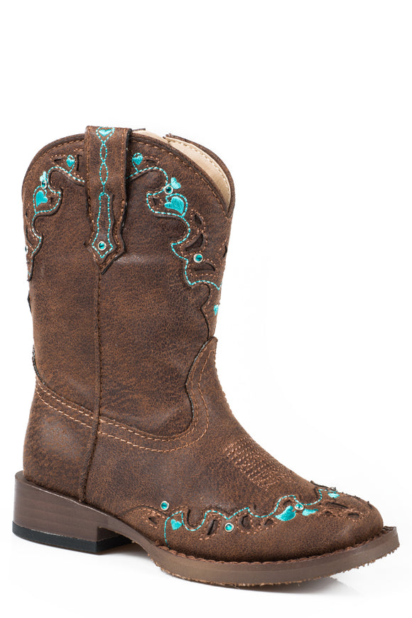 GIRLS TODDLER BROWN VINTAGE WITH TURQUOISE EMBOIDERY AND CRYSTALS