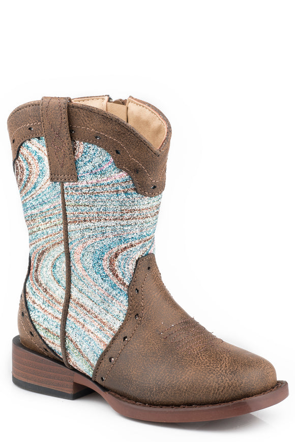TODDLER GIRLS BROWN FAUX LEATHER VAMP BOOT WITH BLUE SWIRLY GLITTER SHAFT