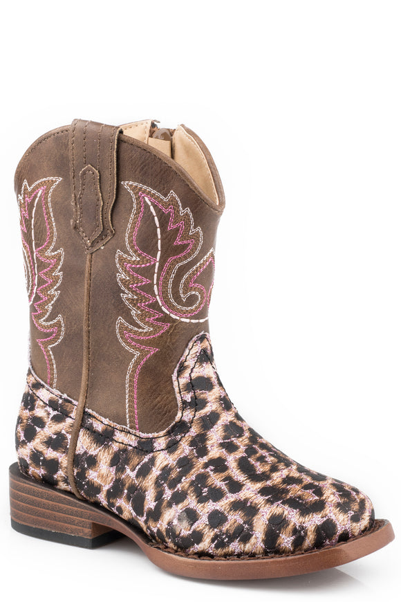 TODDLER GIRLS PINK GLITTER AND LEOPARD FAUX LEATHER VAMP BOOT WITH BROWN SHAFT