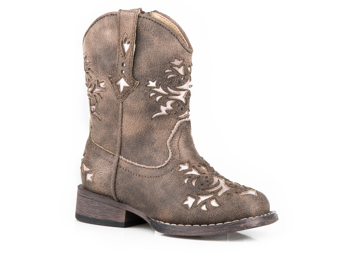 TODDLER GIRLS  VINTAGE BROWN VAMP  SHAFT BOOT WITH SILVER METALLIC UNDERLAY