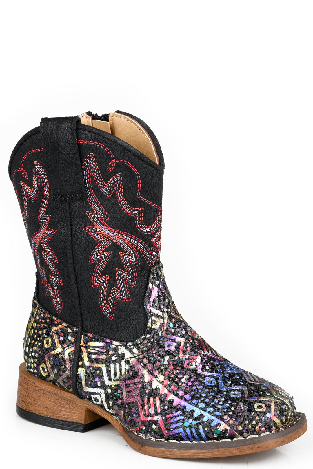 TODDLERS GIRLS ROPER BLACK WITH WESTERN STITCH GLITTER AZTEC BOOTS