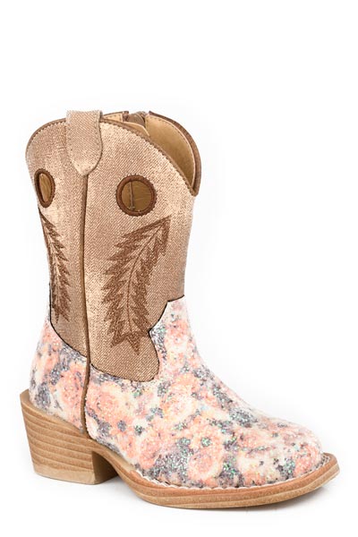 TODDLER GIRLS BROWN FLORAL GLITTER VAMP