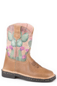 TODDLER GIRLS TAN LEATHER VAMP BOOT WITH PRINTED CACTUS DESIGN ON SHAFT