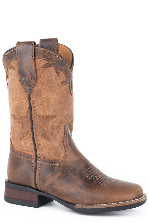 LITTLE BOYS BROWN OILED LEATHER VAMP BOOT WITH STAR OVERLAY ON TAN SHAFT