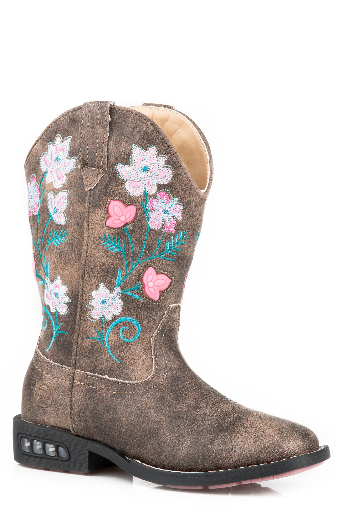 LITTLE GIRLS FLORAL LIGHT UP BOOTS BOOT WITH VINTAGE BROWN VAMP  SHAFT