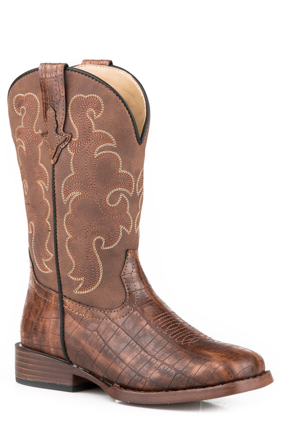 LITTLE BOYS FAUX CROC VAMP BOOT WITH VINTAGE TAN SHAFT