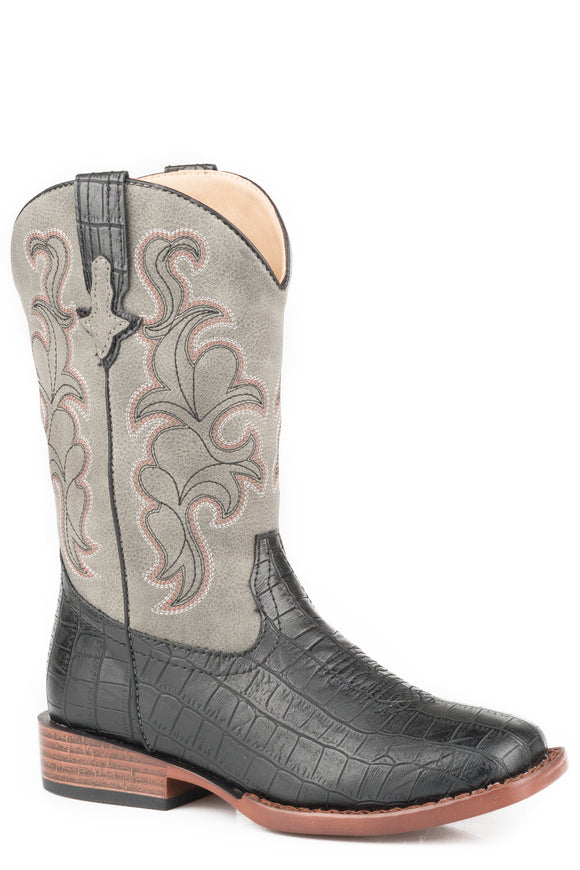 LITTLE BOYS BLACK FAUX CROC VAMP BOOT WITH VINTAGE GREY SHAFT
