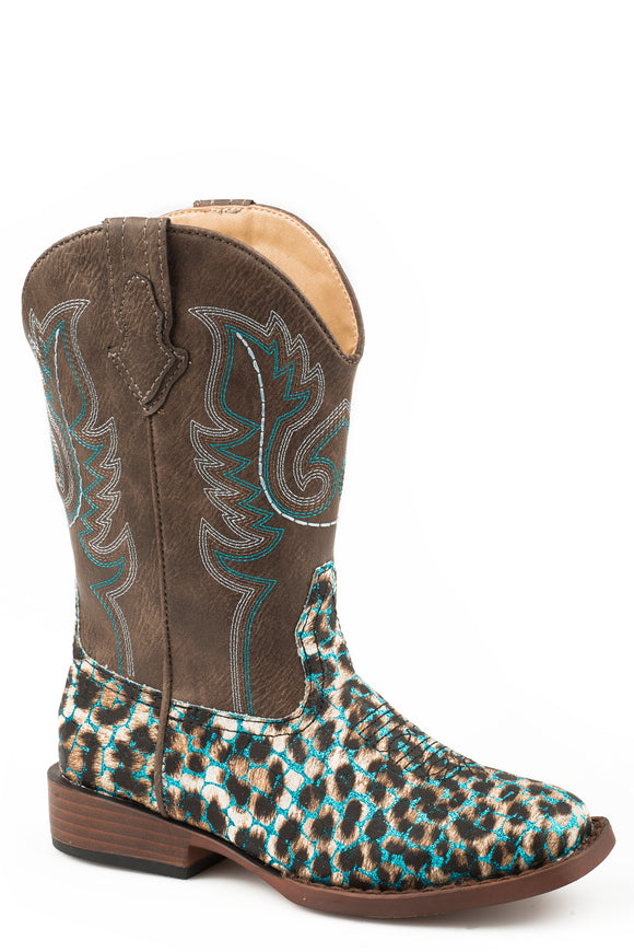 LITTLE GIRLS TURQUOISE GLITTER LEOPARD PRINT VAMP  BOOT WITH BROWN SHAFT
