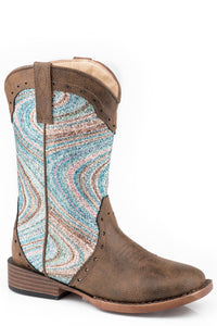 LITTLE GIRLS BROWN FAUX LEATHER VAMP BOOT WITH BLUE SWIRLY GLITTER SHAFT