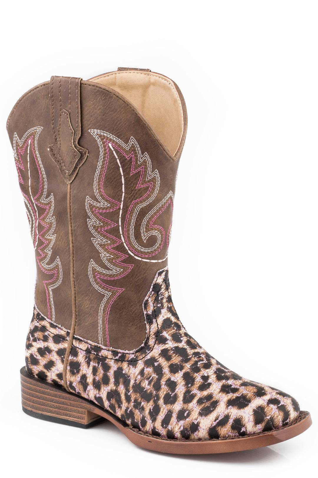 LITTLE GIRLS PINK GLITTER AND LEOPARD FAUX LEATHER VAMP BOOT WITH BROWN SHAFT