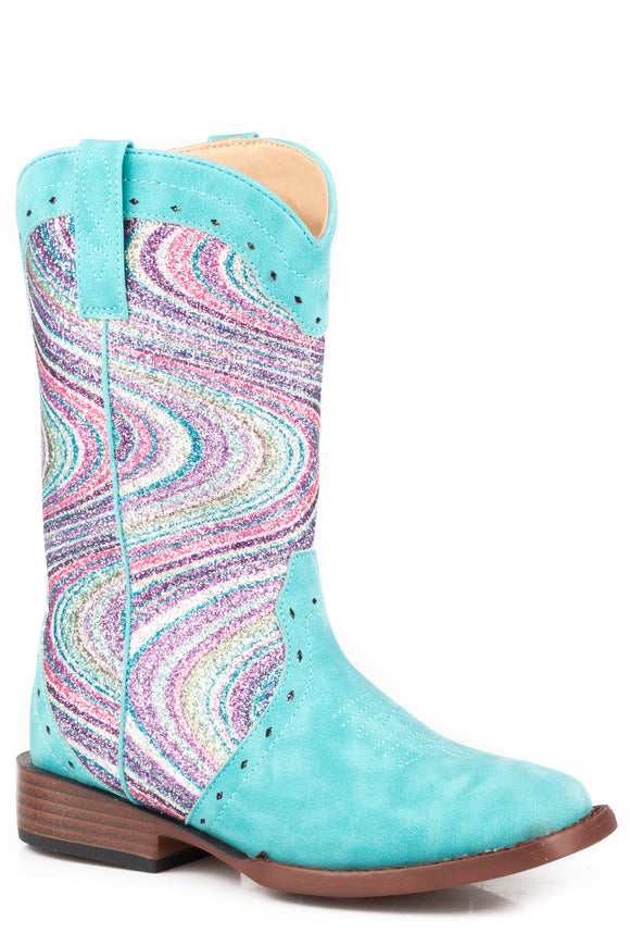 LITTLE GIRLS BLUE FAUX LEATHER VAMP BOOT WITH BLUE SWIRLY GLITTER SHAFT