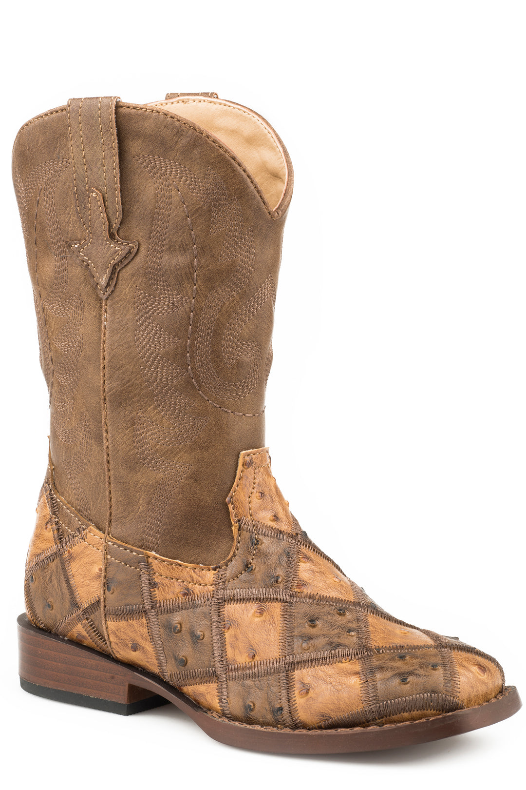 LITTLE BOYS TAN AND BROWN PATCHWORK FAUX OSTRICH