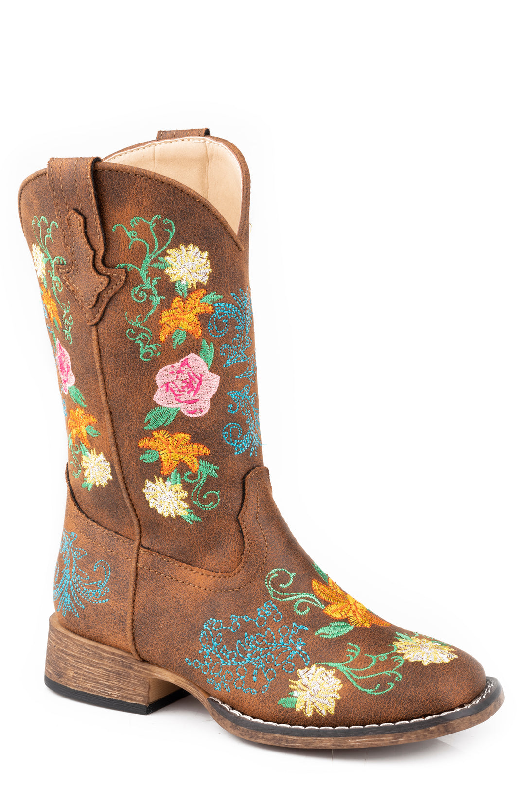 LITTLE GIRLS COGNAC FAUX LEATHER SQUARE TOE