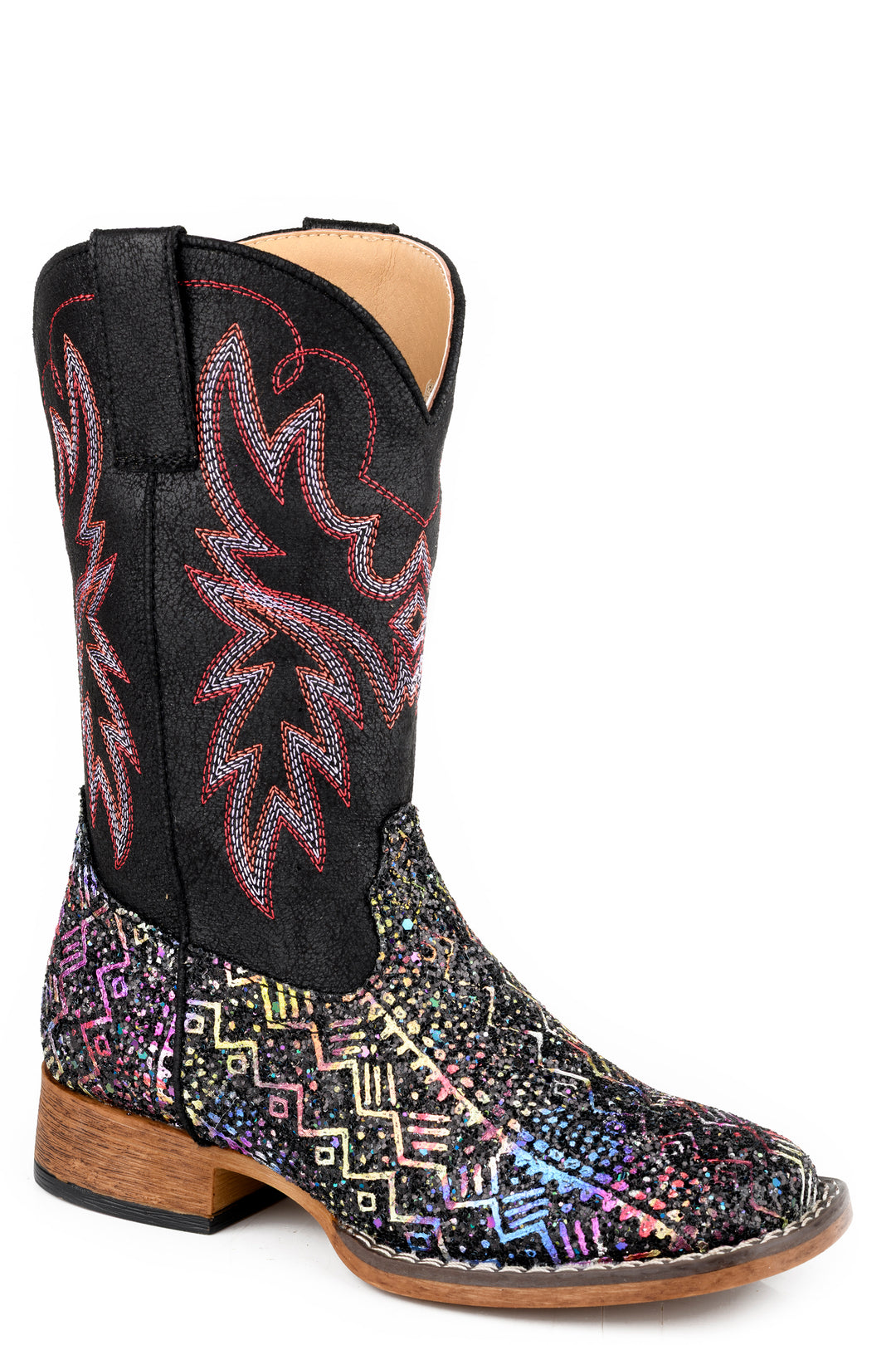LITTLE KIDS GIRLS ROPER BLACK WITH WESTERN STITCH GLITTER AZTEC BOOTS