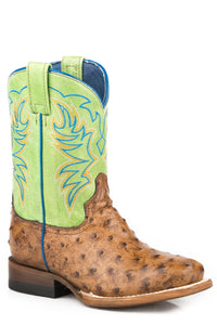LITTLE BOYS BURNISHED TAN EMBOSSED OSTRICH BOOT WITH BRIGHT GREEN LEATHER SHAFT