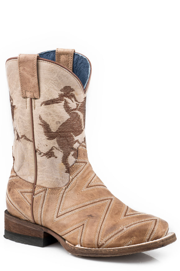 LITTLE BOYS TAN LEATHER VAMP BOOT WITH HORSE RIDER EMBROIDERY ON TAN SHAFT