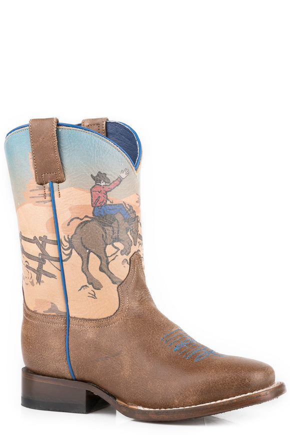 LITTLE BOYS VINTAGE BROWN LEATHER VAMP BOOT WITH BULL  HORSE ROUGH STOCK PRINTED SHAFT