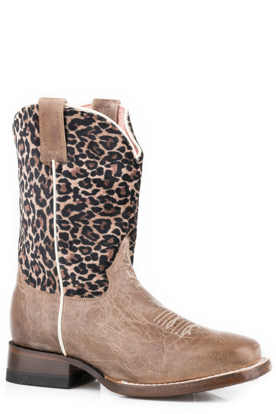 LITTLE GIRLS BROWN LEATHER VAMP WITH CHEETAH PRINTED ON FAUX BRUSHED SHAFT