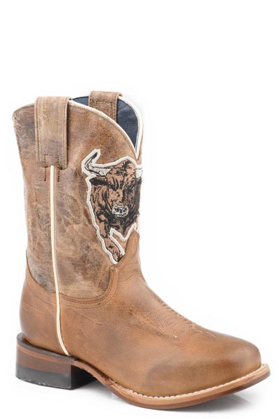BOYS ROPER BURNISH TAN LEATHER VAMP RAGING STEER BOOTS