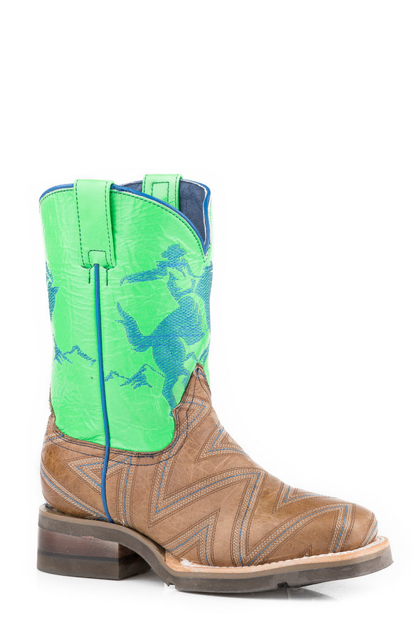 LITTLE BOYS STITCHED TAN LEATHER VAMP WITH EMBROIDERED BUCKIN' BRONC ON NEON GREEN SHAFT