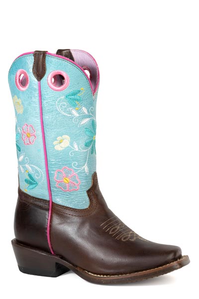 GIRLS ROPER MARBLED BROWN LEATHER VAMP RIDE 'EM COWGIRL FLORAL BOOTS