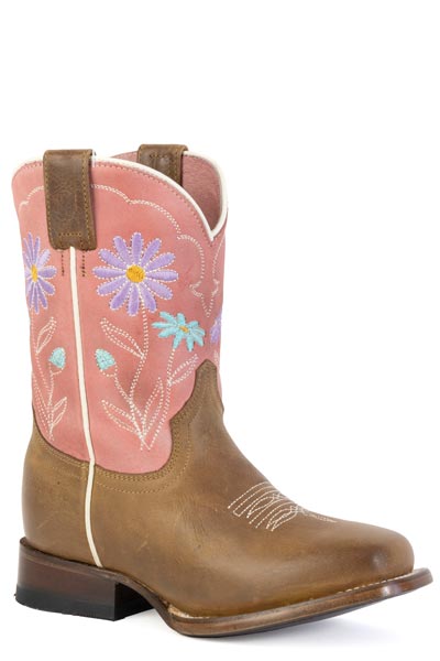 GIRLS ROPER BURNISH BROWN LEATHER VAMP COWGIRL DAISY BOOTS