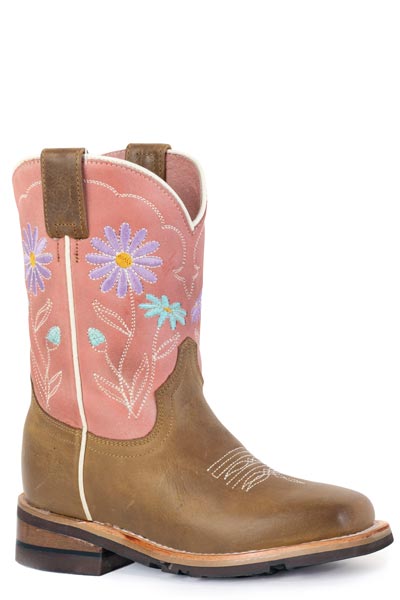 GIRLS ROPER BURNISH BROWN LEATHER VAMP COWGIRL DAISY BOOTS