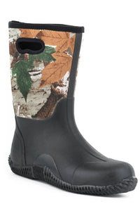 MENS BARNYARD BOOT CAMO NEOPRENE UPPER WITH PULL HOLE AND RUBBER BOTTOM