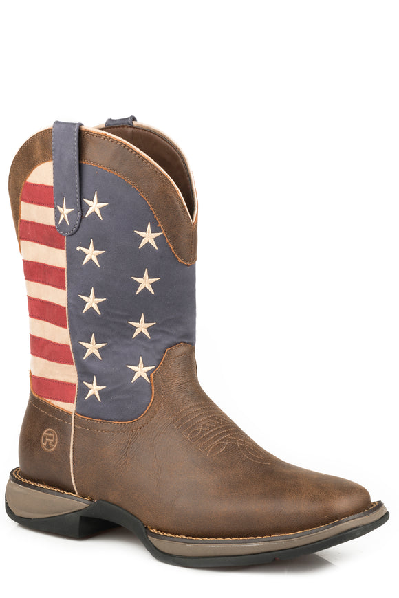 MENS BROWN VAMP  COWBOY BOOT WITH FLAG SHAFT PATTERN