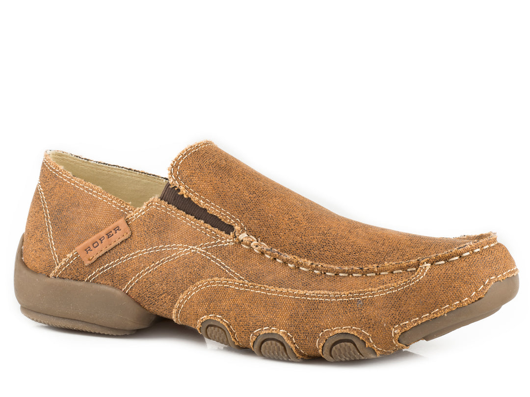 MENS DRIVING MOC BROWN VINTAGE FABRIC WITH FABRIC WRAPPED SOLE