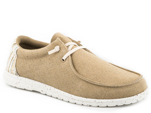 MENS TAN CANVAS WITH MULTI COLORED HEEL