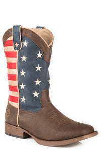 MENS COWBOY BOOT FAUX BROWN LEATHER VAMP WITH AMERICAN FLAG UPPER