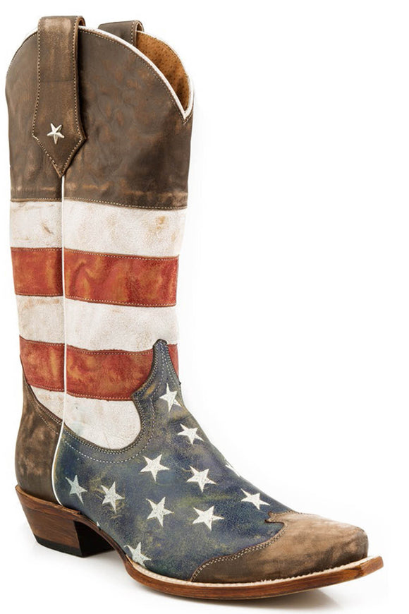 MENS LEATHER COWBOY BOOT AMERICAN FLAG DISTRESSED BROWN WITH RED WHITE AND BLUE SNIP