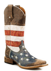 MENS LEATHER COWBOY BOOT AMERICAN FLAG DISTRESSED BROWN WITH RED WHITE AND BLUE SQUARE