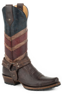 MENS LEATHER COWBOY BOOT VINTAGE AMERICAN FLAG UPPER WAXY BROWN VAMP WITH HARNESS AND LUG SOLE