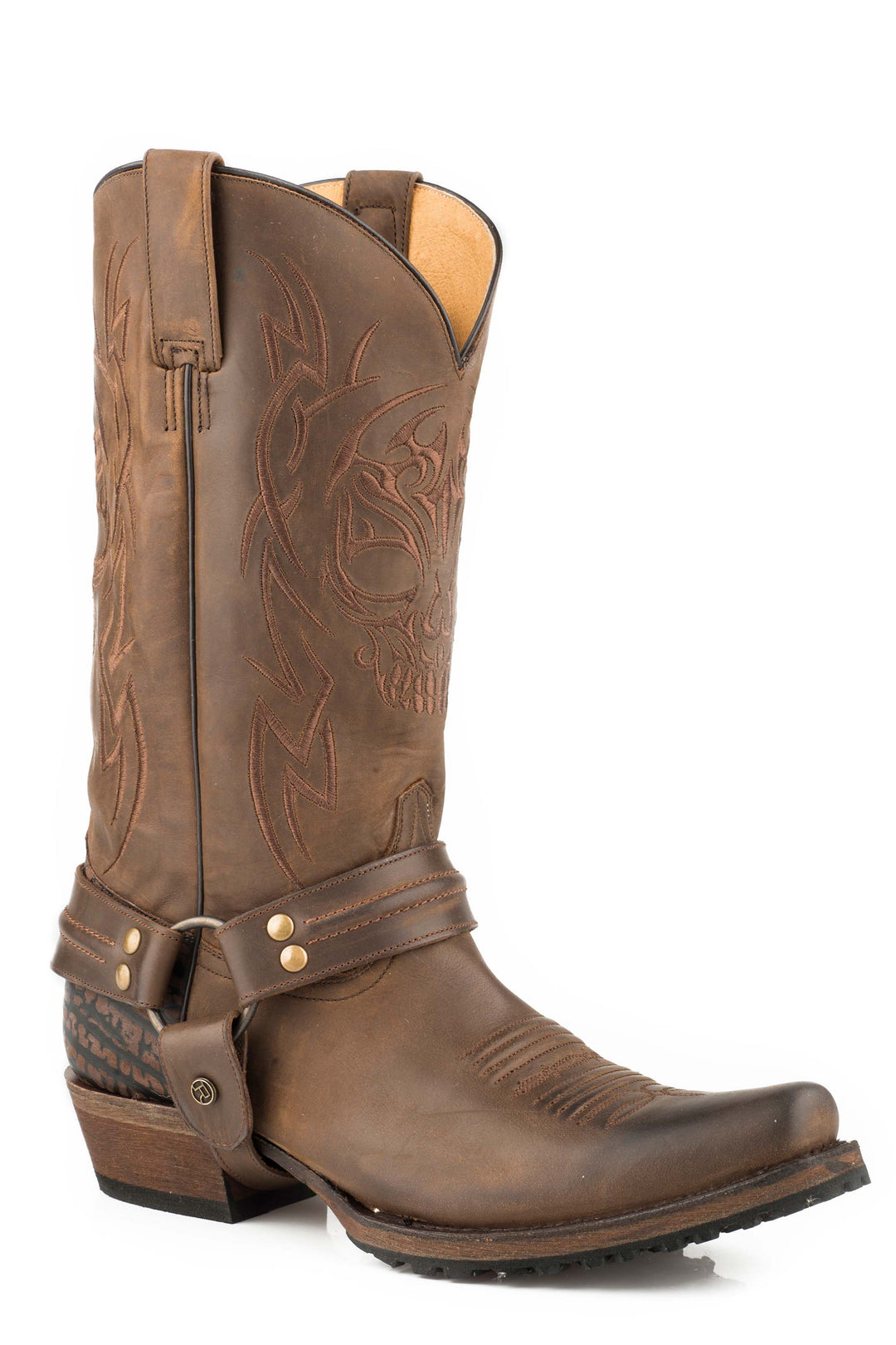 MENS LEATHER HARNESS BOOT OILED BROWN VAMP EMBOSSED BULL SHOULDER HEEL OILED BROWN UPPER WITH EMBROIDERED SKULL AND LUG SOLE
