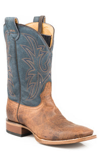 MENS LEATHER CONCEALED CARRY BOOT BURNISHED TAN VAMP WITH BLUE EMBROIDERED UPPER