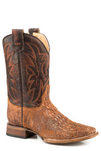 MENS LEATHER CONCEALED CARRY BOOT DISTRESSED COGNAC EMBOSSED CAIMAN VAMP WITH BURNISHED BROWN EMBROIDERED UPPER