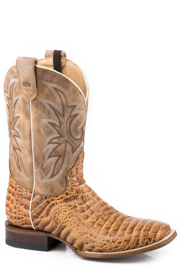 MENS EMBOSSED TAN CAIMAN VAMP SQUARE TOE BOOT WITH BURNISHED TAN LEATHER SHAFT-CONCEALED CARRY SYSTEM