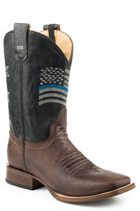 MENS LEATHER CONCEALED CARRY BOOT WAXY BROWN VAMP BLACK UPPER WITH EMBROIDERED AMERICAN FLAG AND RIDER POCKET OUTSIDE