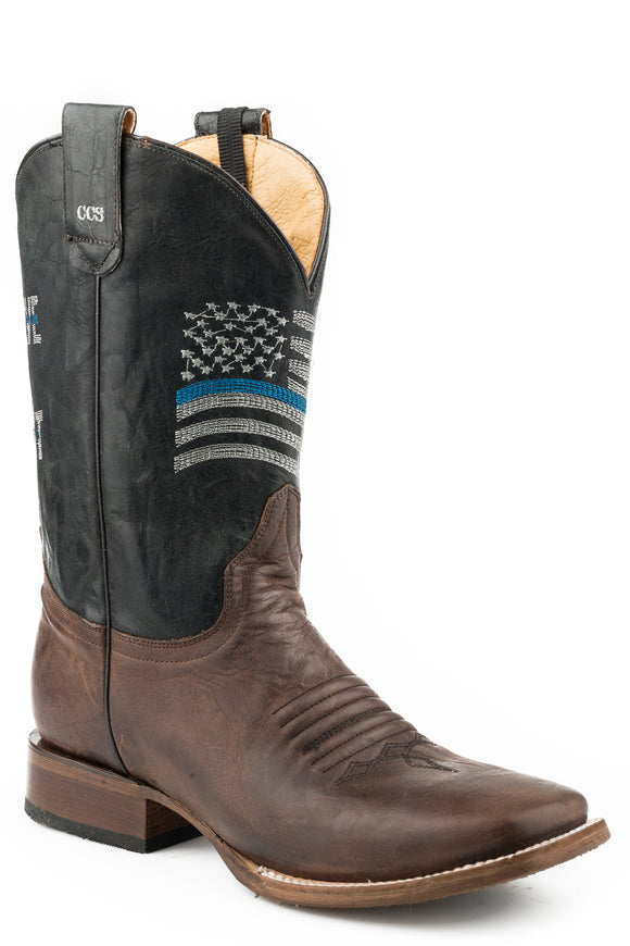 MENS LEATHER CONCEALED CARRY BOOT WAXY BROWN VAMP BLACK UPPER WITH EMBROIDERED AMERICAN FLAG AND RIDER POCKET OUTSIDE