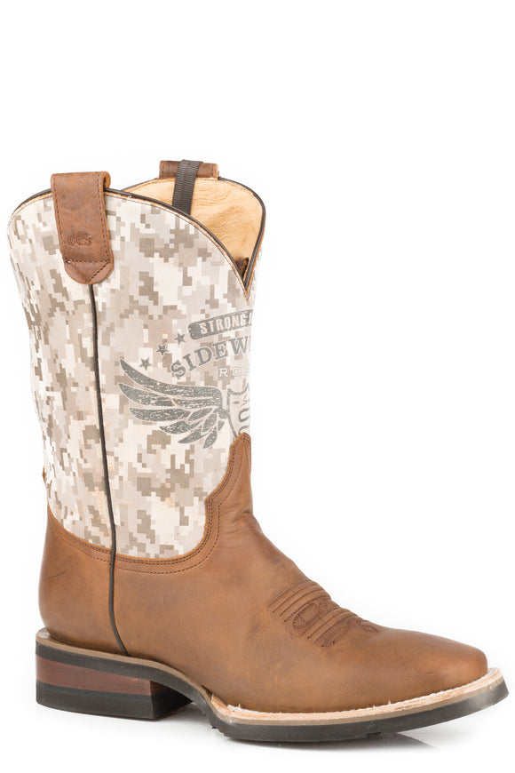 MENS BURNISHED TAN LEATHER VAMP SQUARE TOE BOOTH WITH CAMO PRINT ON SHAFT-CONCEALED CARRY SYSTEM