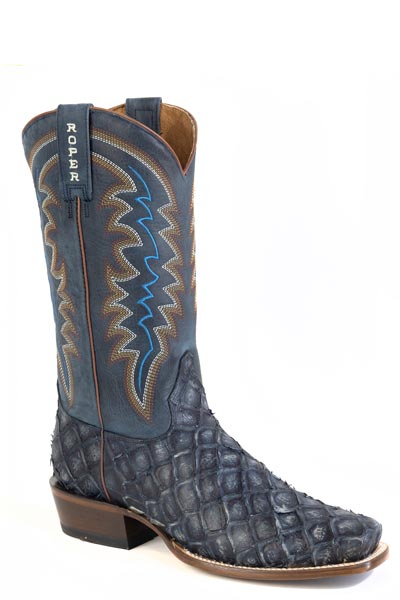 MENS ROPER VINTAGE BLUE EMBOSSED PIRARUCU VAMP BIG FISH BLUE BOOTS